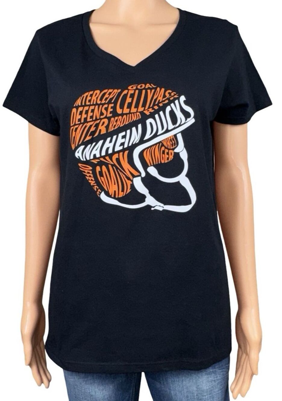 Anaheim Ducks Womens X-Large Hockey T-Shirt NHL Helmet Black Orange Gildan New